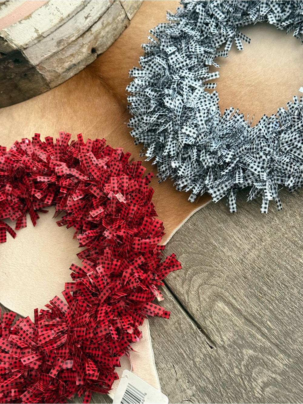Brand NWT (2) 11 Inch Gingham Check Tinsel Wreaths Holiday Home Decor